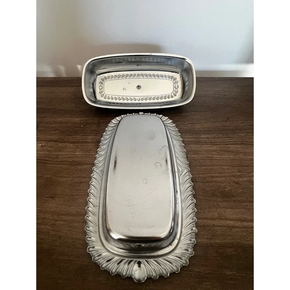 Vintage Chrome Butter Dish with Domed Lid and Ornate Feathered Edge